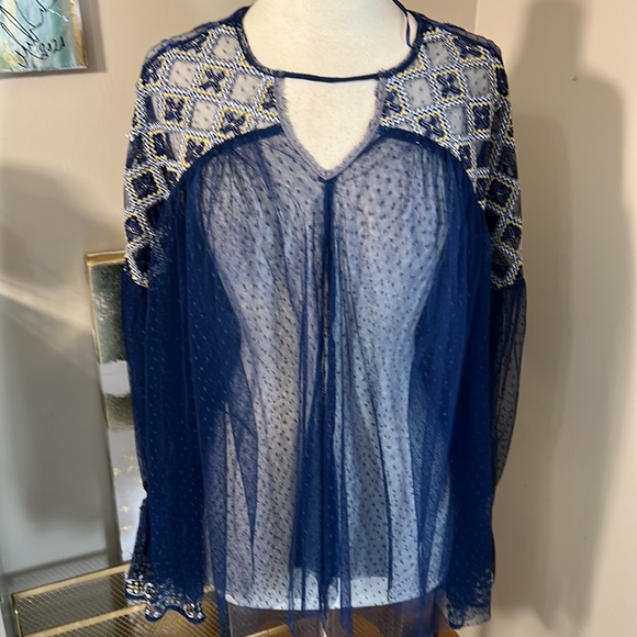 Free People Joyride Knit Sheer Lace Navy Blue Embroidered Top - Picture 8 of 14